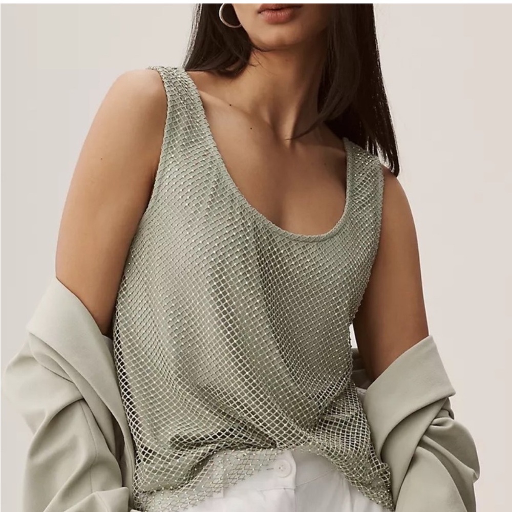 Mesh Tank Top rhinestones in Sage Green